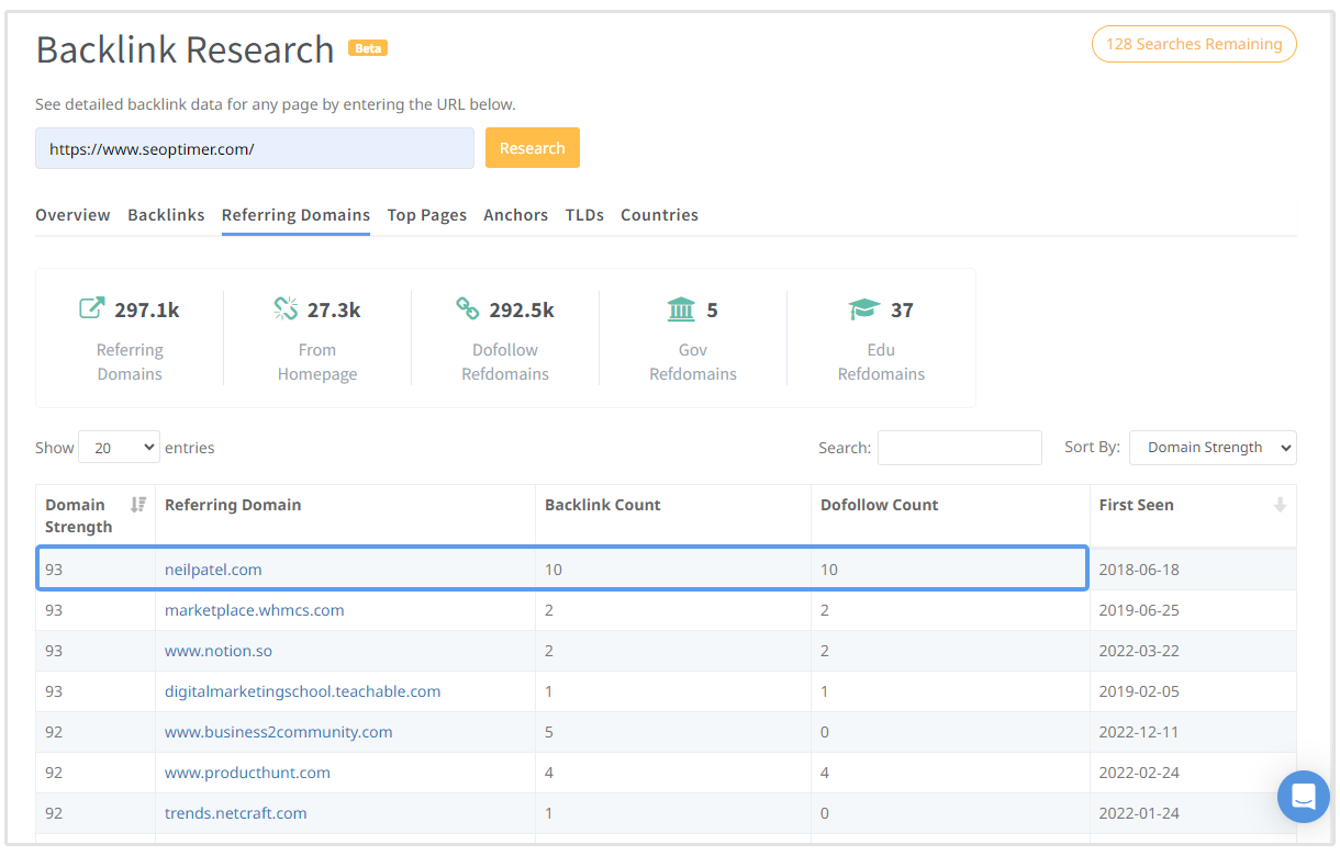 noms de domaine référents et nombre de backlinks